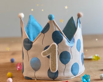 Geburtstagskrone LUFTBALLONS blau Kinder feiern Stoffkrone Geburtstag beige Zahl Glitzer Birthday  Crown Prinz Prinzessin unisex