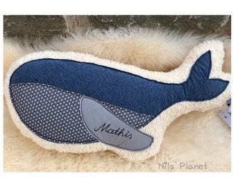 Oreiller câlin (animal) « WAL Matteo », baleine bleue nom de souhait étoile avec nom personnalisé mer peluche bio garçon fille bébé cadeau décoration