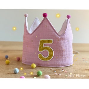 Birthday crown muslin old pink gold felt pompom birthday crown girl