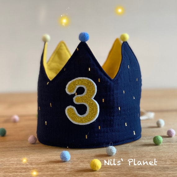 Couronne d'anniversaire tissu couronne mousseline bleu doré paillettes  enfants couronne d'anniversaire couronne bébé unisexe -  France