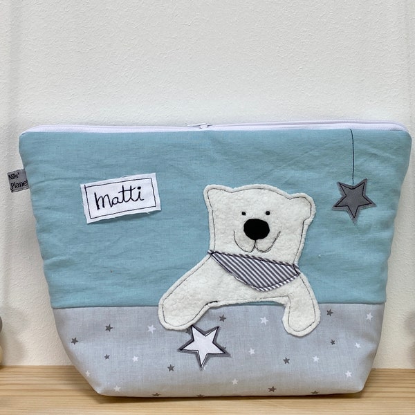 Windeltasche Bär SNOWBÄR eisblau Eisbär Wickeltasche mit Name Sterne Geschenk Geburt Taufe Baby Kind Stiftetasche Kulturbeutel Leinen