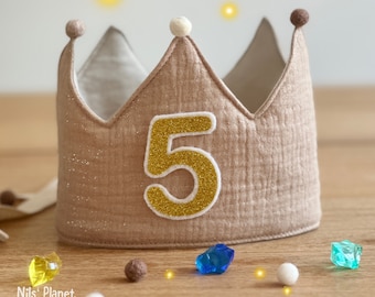 Geburtstagskrone  2 Varianten Stoffkrone Musselin hellbraun Schimmer Glanz  Glitzer Kinder Birthday  Krone Crown Baby unisex