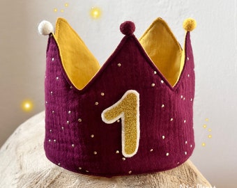 Birthday crown fabric crown muslin golden glitter children's birthday bordeaux mustard yellow crown crown baby girl