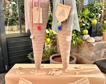 Eistüte Schultüte aus Stoff genähte Schultüte Einschulung Zuckertüte Glitzer handgemacht Musselin Anhänger Wimpel mit Anfangsbuchstabe