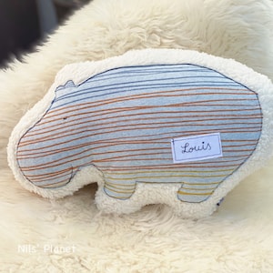 Cuddly toy pillow hippo hippopotamus unisex children's pillow baby pillow reading pillow with name ringed light gray orange blue gift birth baptism