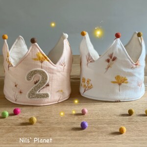 Birthday crown fabric crown muslin dried flowers girl birthday flowers floral white apricot number crown crown baby