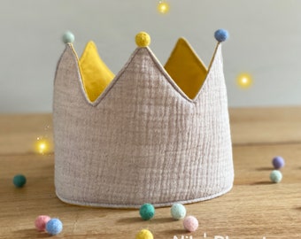 Geburtstagskrone Musselin feiern Kinder Stoffkrone  Geburtstag  hellbraun Birthday  Baby  Crown unisex