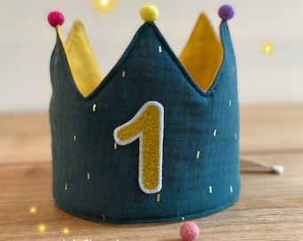 Geburtstagskrone Stoffkrone Musselin dunkelgrün golden Glitzer Kinder Birthday   Krone Crown Baby unisex