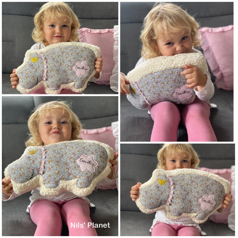 Kuscheltierkissen PRINZESSIN HIPPO Nilpferd kuscheln Bio-Plüsch Name personalisierbar Sweat geblümt Baby Mädchen rosa gelb Krone Glitzer Bild 2