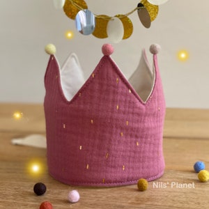 Birthday crown fabric crown muslin golden glitter children's birthday mauve old pink crown crown baby girl