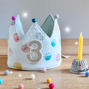 Corona di compleanno corona in tessuto acquerello pois mussola bianca coriandoli colorati corona di compleanno per bambini corona bambino