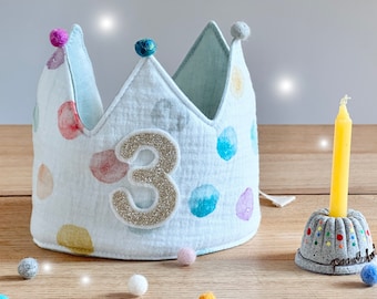 Birthday crown fabric crown watercolor dots muslin white confetti colorful children's birthday crown crown baby