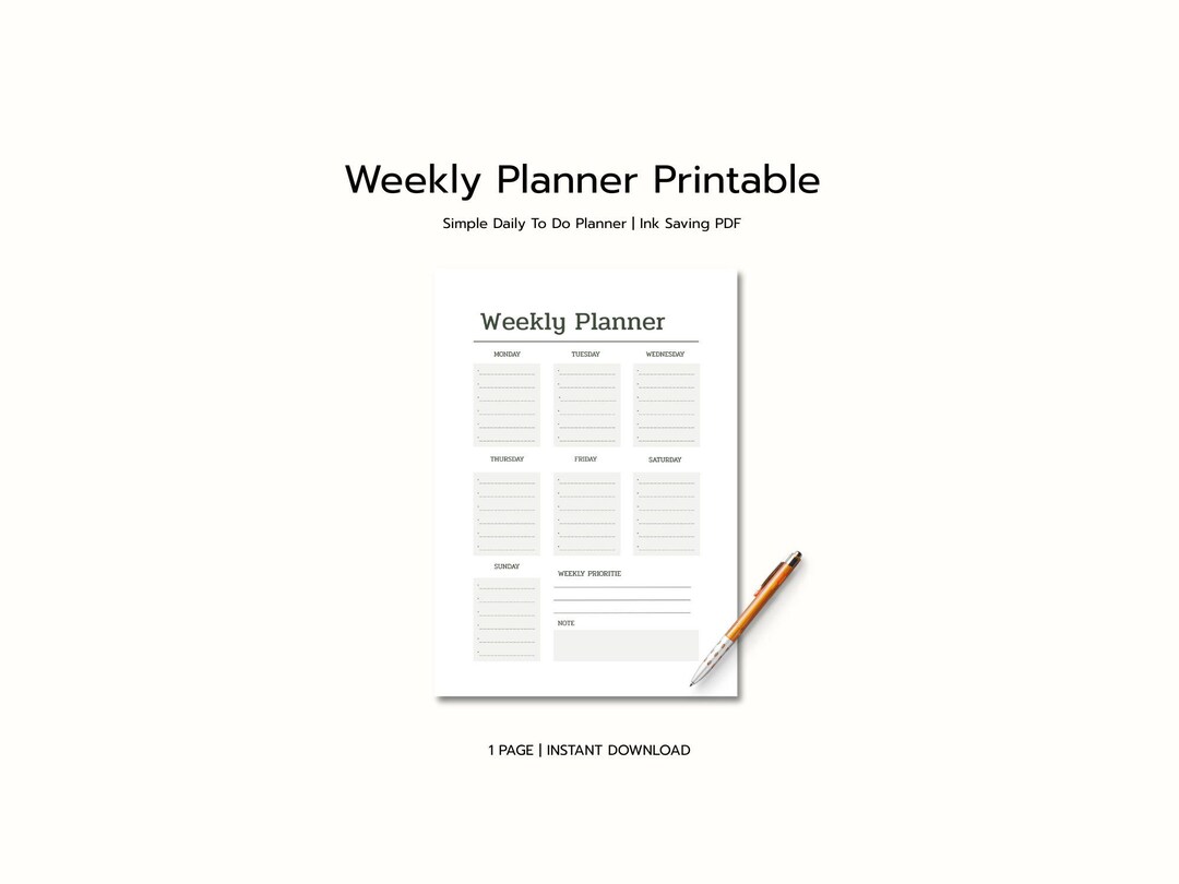 Weekly Planner Printable | Minimal Black and White Planner | Simple ...