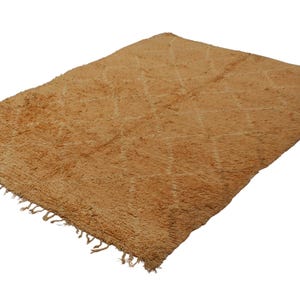 May include: A rectangular, tan-colored rug with a diamond pattern. The rug has a shaggy texture and fringe along one edge. The rug is made of a soft material and is suitable for a living room or bedroom.