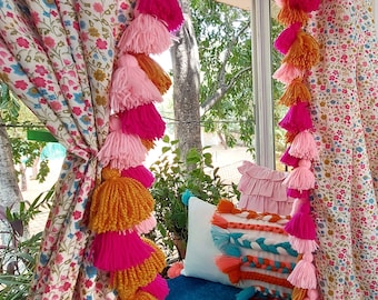 Custom Made French Floral Thick Tassel Curtains Floral Curtains with Multicolored Tassel Free Shipping Floral Kids Room Curtains Set of 2