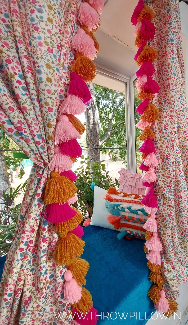 Custom Made French Floral Thick Tassel Curtains/ Floral Curtains with Multicolored Tassels Free Shipping/ popular Floral Kids Room Curtains