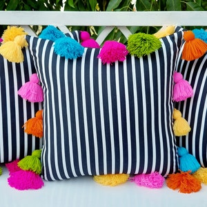 Boho Multicolored Tassel Cotton Cushion Cover/ Tassel Black & White Stripes Dorm Room Decor Throwpillow Free Shipping