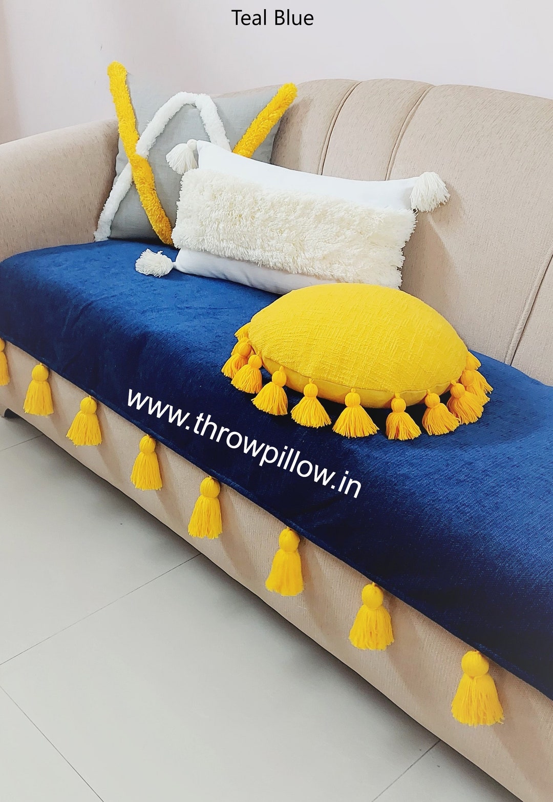 Dark Blue Sofa Cover With Tassels Custom Made Sofa Cover Etsy