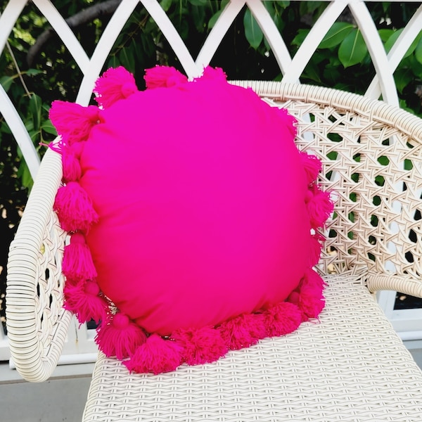 Pink Magenta Round Cushion Cover with Handmade Wool Tassels - Cotton Fabric Dorm Room Decor Custom Made Free Shipping