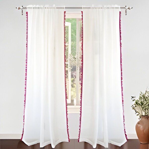 Dorm Room Special Set of 2 White Curtains Pink Pom Pom Delight Custom Made with Free and Fast Shipping