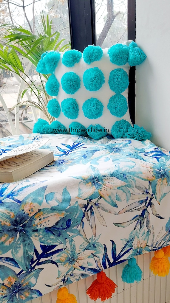 Buy Aqua Blue Big Pom Pom Cushion Cover Joyful Season Pillow Cover Custom Made Free Shipping Online in India Etsy