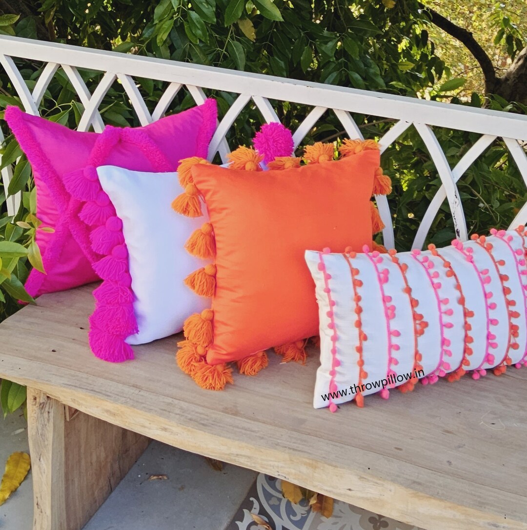 Dorm Room Special Vibrant Fiesta Fusion Pom Pom and Tassels Cover Combo of 4 Hot Pink Orange Dormroom Preppy Throwpillows Free Shipping Etsy