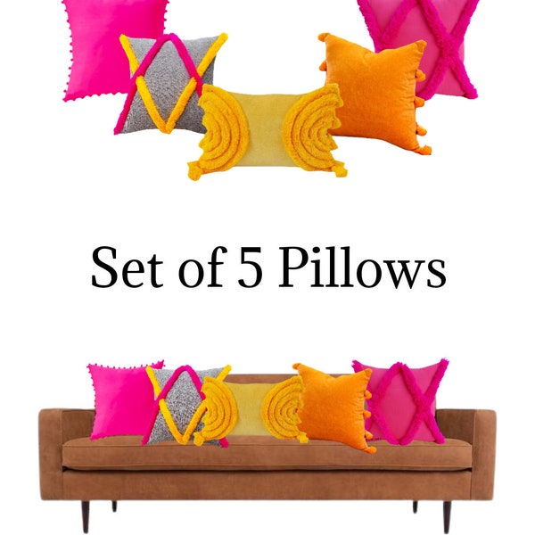 Yellow To Hot Pink Colour Pallete Throwpillow Collection/ Yellow To Hot Pink Pillows Combo Set of 5 Cushion Covers Holiday sales