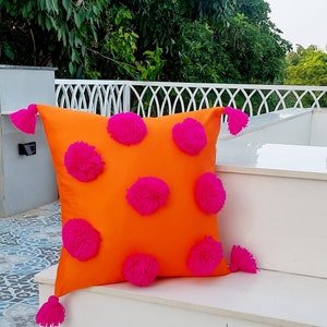 Pink Pom Pom and Tasseled Orange Cushion Cover Merry and Bright Throw Pillow Covers Custom Made Free Shipping