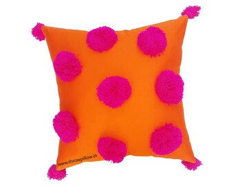 Pink Pom Pom and Tasseled Orange Cushion Cover Merry and Bright Throw Pillow Covers Custom Made Free Shipping