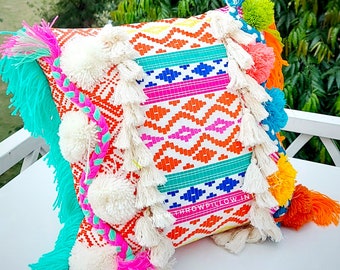 Multicolored Bohemian Embellished Texture Sofa Cushion Cover/ Multicolored Pom pom Pillow/ Boho Colorful Tassel Throwpillow/ Colorful Pillow