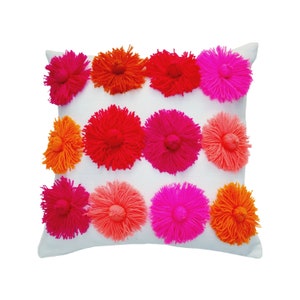 Big Multicolored Floral Pattern Embellished Cushion Cover/ Dorm Room Bright Floral Colours Pom Pom Pillow/ Preppy College Dorm Room Decor