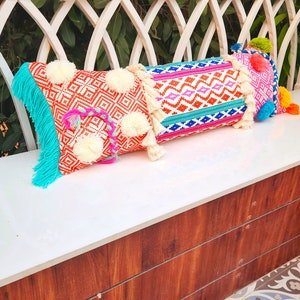Multicolored Bohemian Embellished Texture Oversize Lumbar Cushion Cover/ Multicolored Pom pom Pillow/ Free Shipping