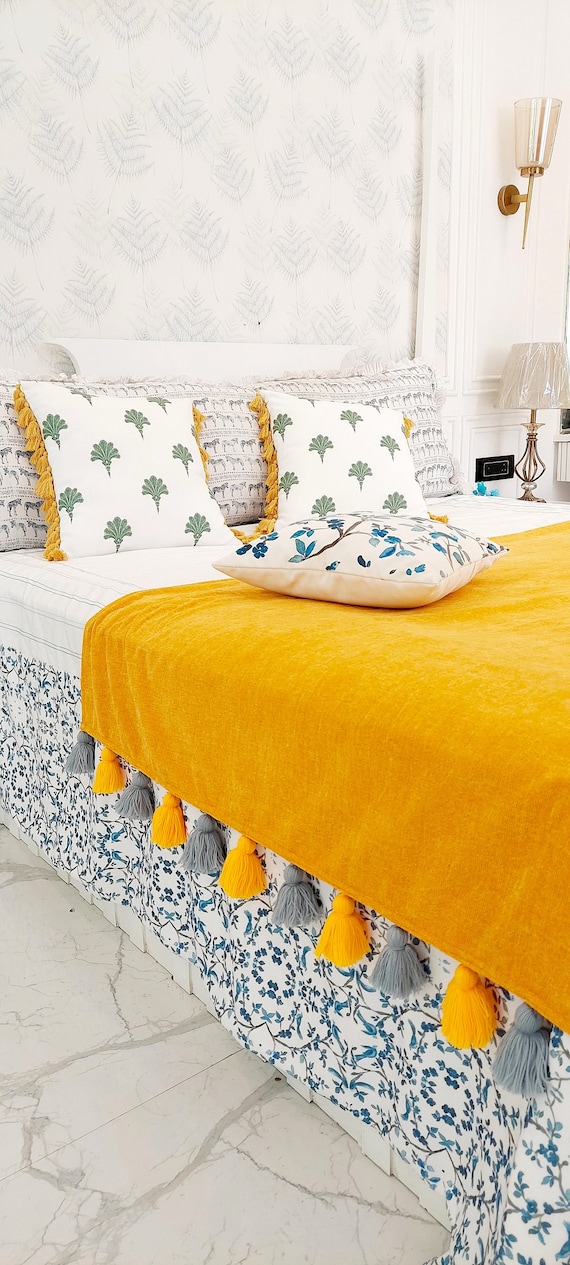 Ochre Pom Pom Throw Bohemian Yellow Gold Tassel Pom Pom Bed Cover Cotton Blanket Throw Pom Pom Blanket by Artisans Free Shipping Etsy