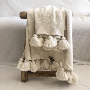 Neutral Cotton Basketweave Tassel Pom Pom Throw Free Shipping