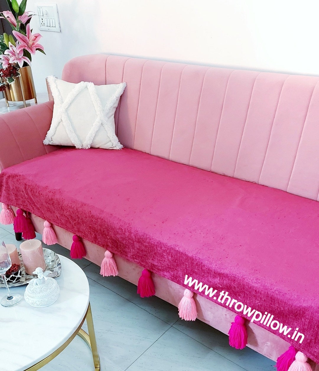 Hot Pink Sofa Cover With Tassels Custom Made Sofa Cover Etsy