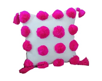 Hot Pink Big Pom Pom Cushion Cover White Cushion Cover with Handmade Hot Pink Pom Eye Catching Ideal for Thanksgiving & Christmas Decor