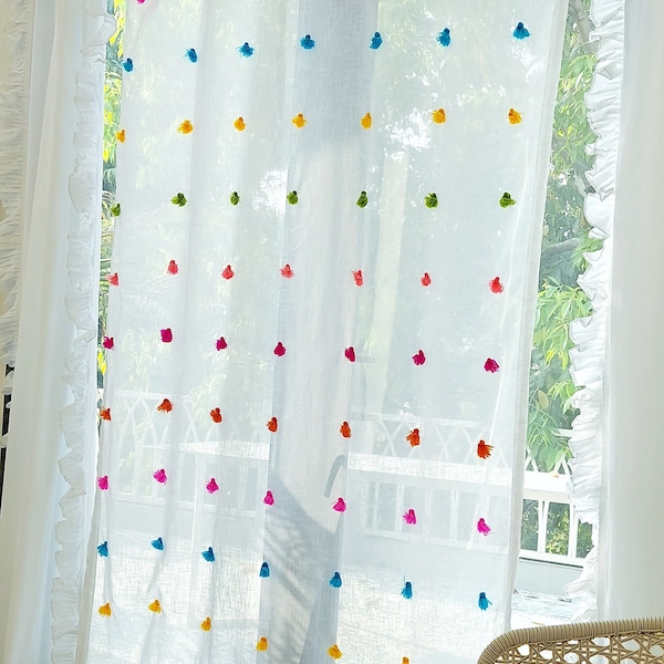 Custom Made White Summer Sheer Multicolored Tassel Curtains Handmade Tassel drapes Sheer Curtains Free Shipping Boho Tassel curtain