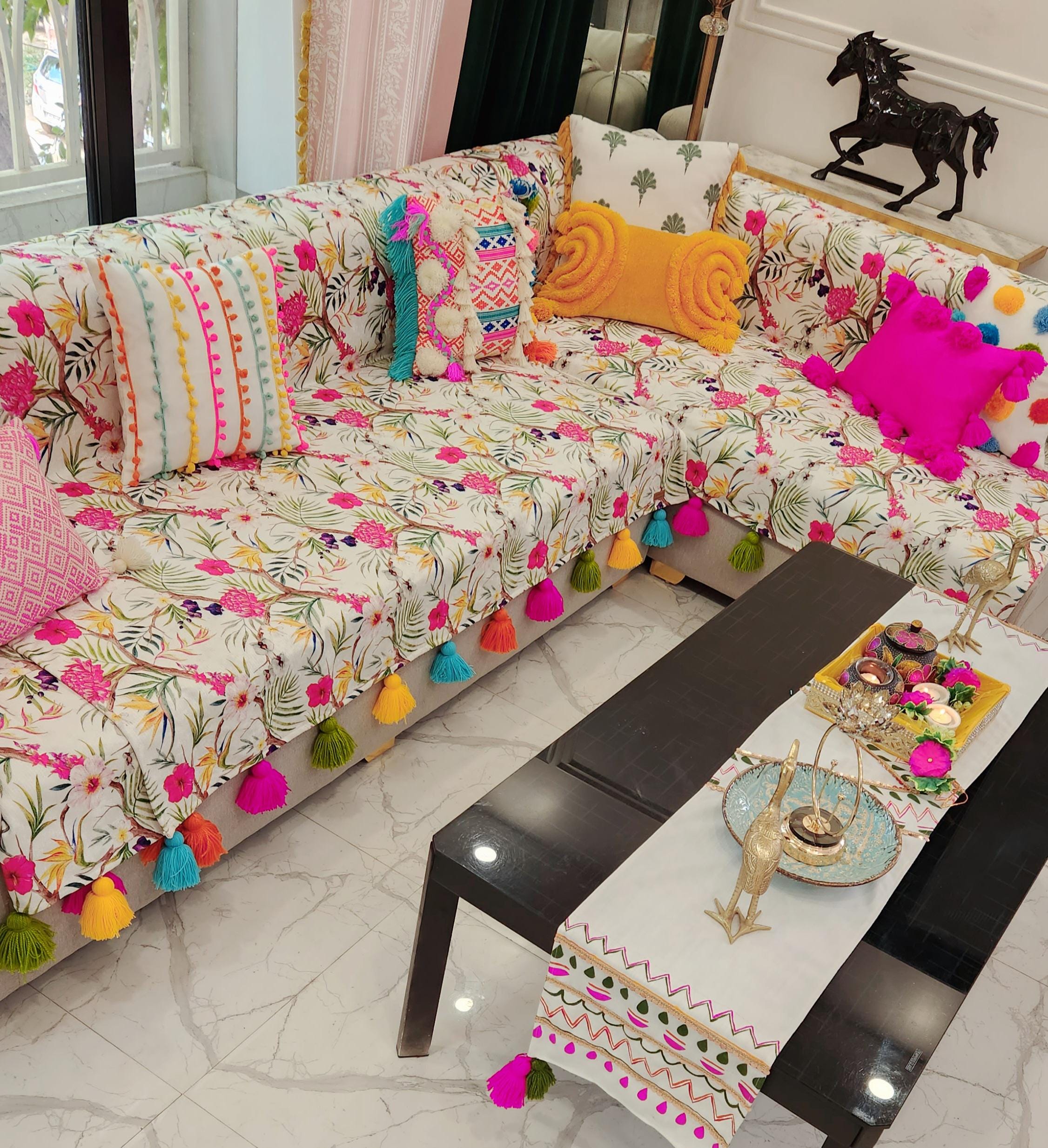 Neutral Tropical Floral Pattern Custom Made 3 Seater Sofa Cover With Handmade Tasselspremium Three Seater Sofa Slipcover Living Room Decor Etsy