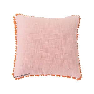 Handmade Blush Pink Texture Basketweave Cotton Cushion Cover  Orange Pom Pom Trim Ideal for Thank]4sgiving Christmas Holiday Season Gifts