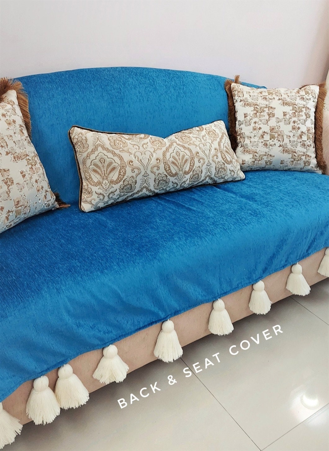 Teal Blue Sofa Cover With Tassels Custom Made Sofa Cover Etsy