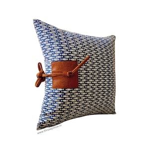 Cobalt Blue Fish School Cushion Cover with Leather Decorative Patchwork Custom Made Free Shipping