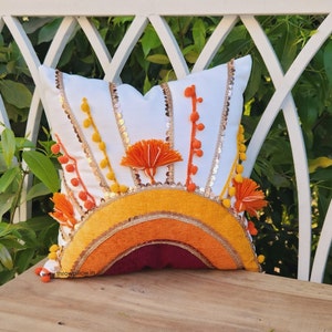 Sunrise Themed White Base Cushion Covers with Pom Poms, Golden Sequin Lace, Tassels Custom Made Free and Fast Shipping