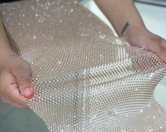 Salmon Pink - Crystal   Stretchable Rhinestone Fabric / X Fabric