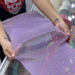 X Fabric Wider Version -Violet  Stretchable Rhinestone Fabric / X Fabric Lilac 10 1/2 inches Wide