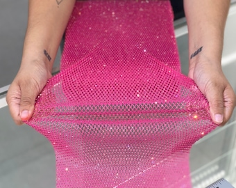PINK/PINK Stretchable Rhinestone Fabric / X Fabric / Pink Elastic Rhinestone Mesh