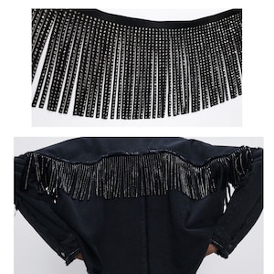 Suède strass franje 6 inch / hematiet - zilveren hematietkristallen - naai zelfgemaakt jasje