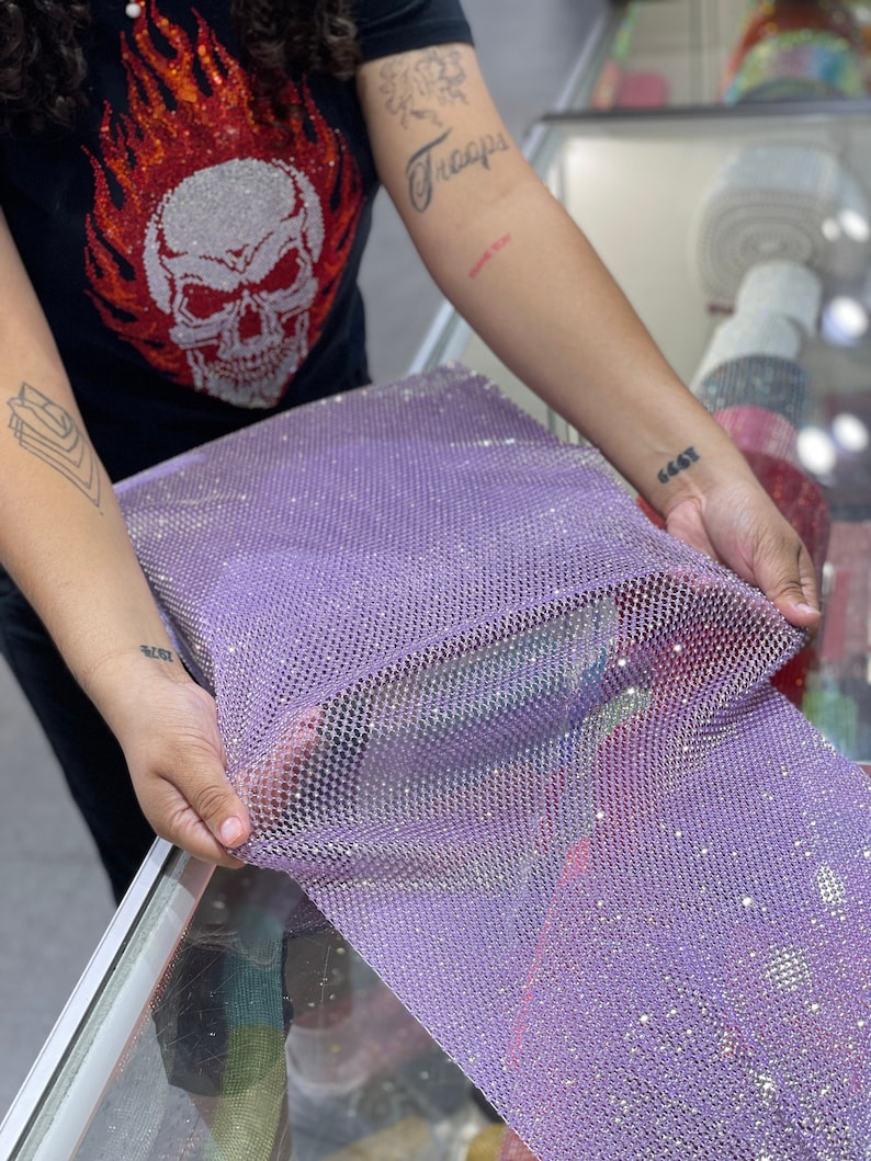 X Fabric Wider Version -Violet  Stretchable Rhinestone Fabric / X Fabric Lilac 10 1/2 inches Wide