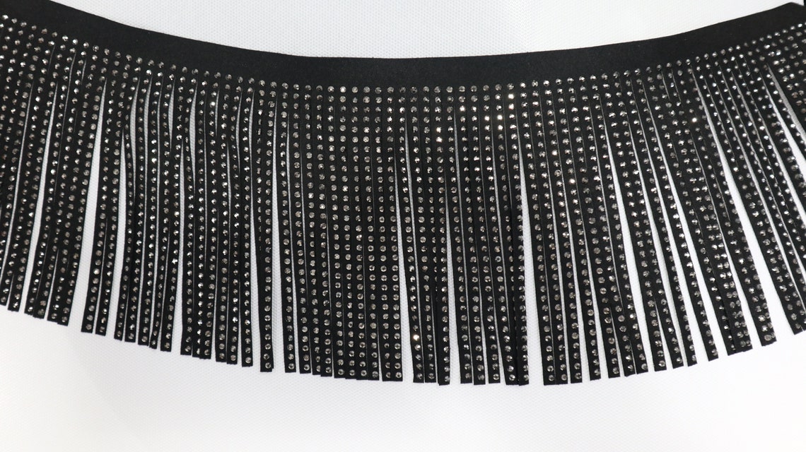 Rhinestone Black Fringe / Sew on trim / Suede Rhin Etsy