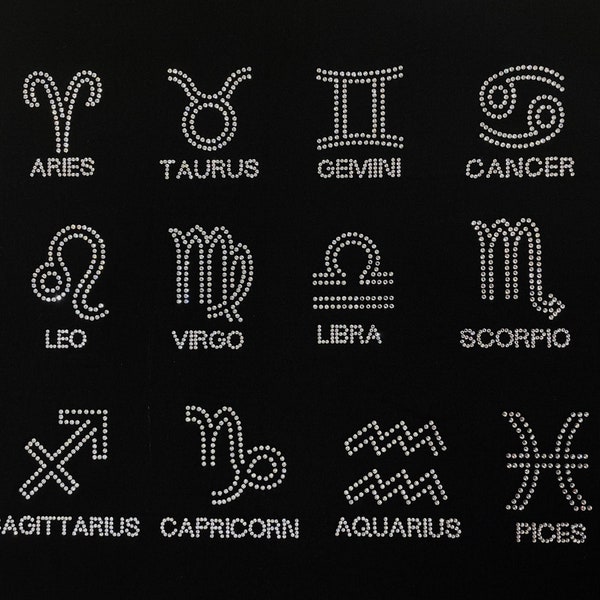 Zodiac Signs Rhinestone Iron on Crystal applique / patch - hotfix design 3 inches DIY Crystal Clear