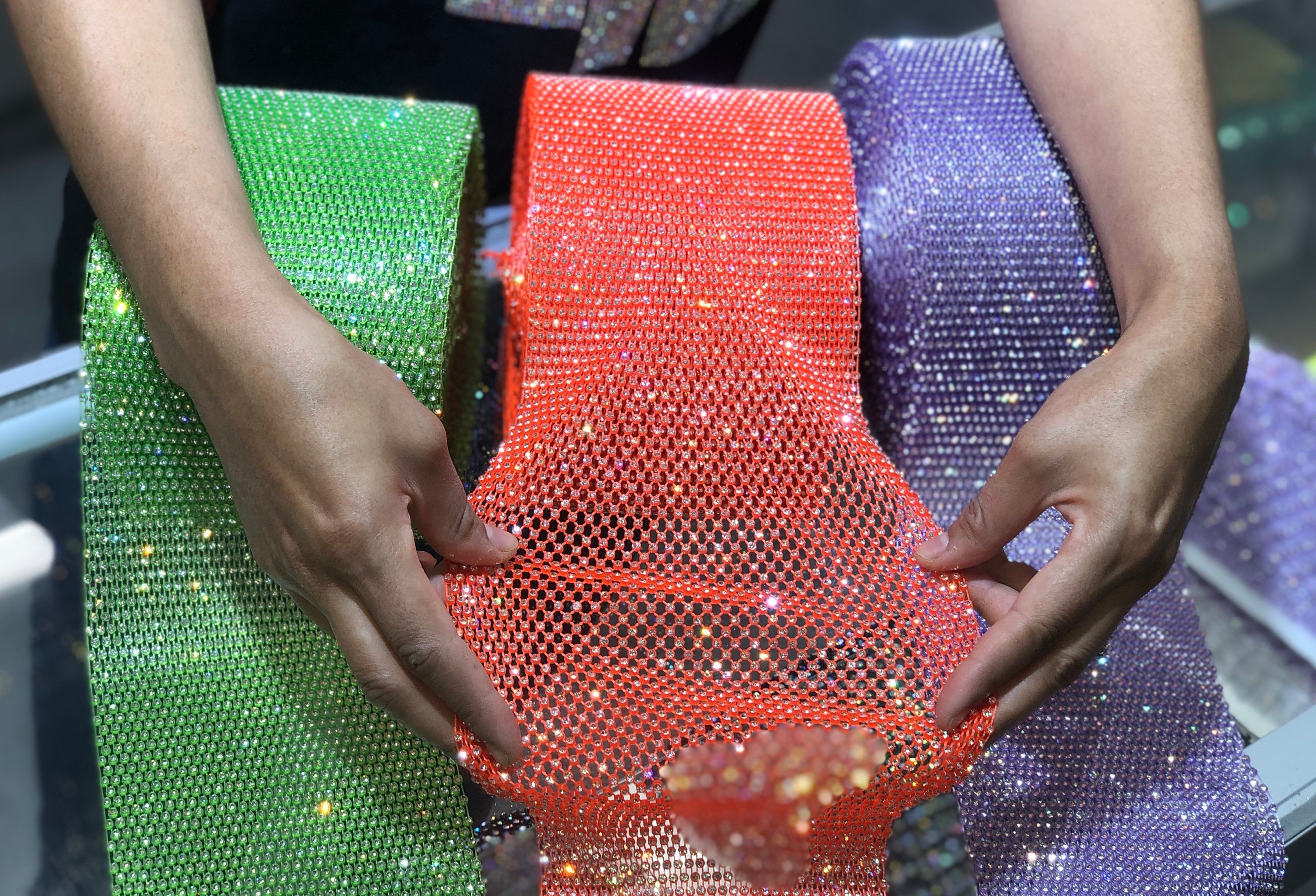 Stretchable Rhinestone Fabric I Crystal Mesh Fabric I Elastic Bling Bling Fabric X Colorful Neon Green Orange Violet Lilac Etsy Canada